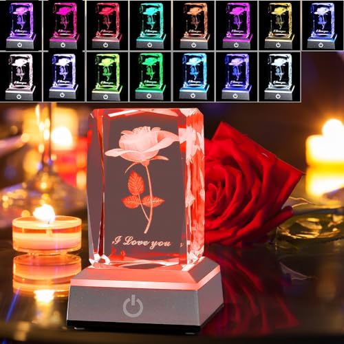 Yuragim 3D Rose Kristall Multicolor Nachtlicht, Geschenk Valentinstag für Frauen, Lch Liebe Dich Deko-Lampe,LED-Lichter Kristallrose Blumen,Geschenk fü Geburtstag Jubiläum Geschenke Muttertag von Yuragim