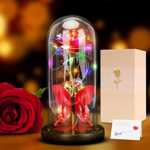 Yuragim Ewige Rose im Glas,Muttertagsgeschenke für Mama, Die Schöne Und Das Biest Rose mit LED Licht und Grußkarte, Galaxy Rose und 3D Schmetterling in Glaskuppel, Mutter Frauen von Yuragim