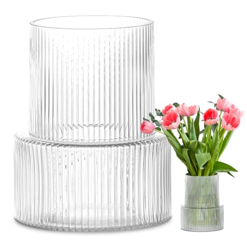 Yuragim Glasvase Gerippte Vase für Blumen, Blumenvasen Moderne Glas Vasen Deko Aesthetic Glasvase Gross Geriffelte Klare Vasen für Tulpen, Pampasgras, Tischdeko, Kerze, Hochzeit, Zuhause, Büro, Regal von Yuragim