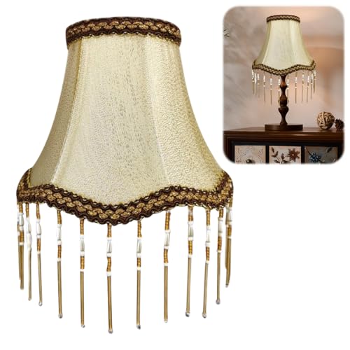 Yuragim Lampenschirm für E14 Kerzenbirnen, 15 x 12 x 8 cm Vintage Lampenschirme zum Aufstecken mit Fransen, Kleiner Stofflampenschirm Retro für Kronleuchter Wandleuchte Stehlampe Tischlampe, Gold von Yuragim
