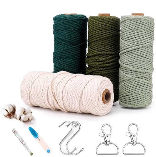 Yuragim Makramee Garn 3mmx50m, 4er Makramee Set Bunt Farbverlauf, Natur Baumwollgarn Macrame Cord Makramee Zubehör Weihnachtsdeko-Set für DIY Handwerk Bastelset Boho Deko Blumenampel Wandbehänge, Grün von Yuragim