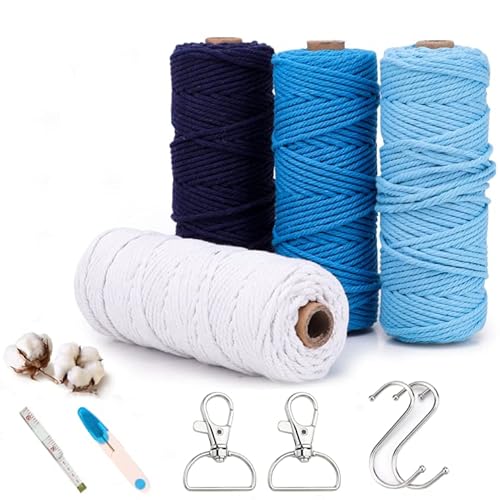 Yuragim Makramee Garn 3mmx50m, 4er Set Makramee Bunt Farbverlauf Baumwollkordel Natur Baumwollgarn Baumwolle Makramee Baumwollgarn für DIY Handwerk Basteln Stricken Armbänder BohoDeko Wandbehang, Blau von Yuragim