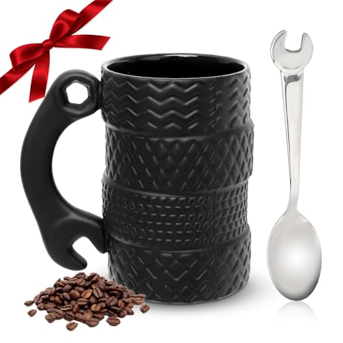 Yuragim Reifentasse mit Löffel&Griff, Vatertag Geschenk für Männer Papa, 3D Autotasse Werkzeugtasse 500ml Große Kaffeetasse aus Keramik für Büro Zuhause, Geschenk für Autoliebhaber Mechaniker Fahrer von Yuragim