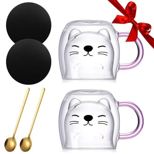 Yuragim Süße Katzen Tasse Kaffeetasse Kawaii Becher Doppelwandige Gläser Katze Teegläser mit Henkel, Espressotasse mit Löffel Untersetzer Geburtstag Geschenk für Frauen Ideen Weihnachten, 2 Set von Yuragim