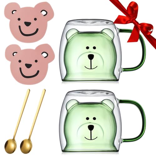 Yuragim Süße Tassen Bär Kaffeetassen 8,5oz Doppelwandige Isoliergläser Espressotasse Kawaii Bärenbecher Weihnachtstasse mit Löffel+Untersetzer Milchtasse zum Weihnachten Geburtstag Geschenk für Frauen von Yuragim