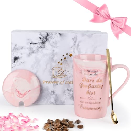 Yuragim Tasse Inspirierende Geschenke für Mama, Kaffeebecher Geschenke zum Muttertag, 350ml Rosa Marmor Keramik Kaffeetasse mit Deckel, Löffel, Geschenkbox, Muttertag für Frauen, Freundin, Schwester von Yuragim