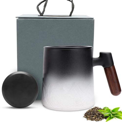 Yuragim Teetasse mit Teesieb und Deckel,Teebecher aus Keramik mit Holzgriff, 350ml Tee Tassen Gross Gradienten Geprägtem Losen für den täglichen und Bürogebrauch, Geschenke für Familie und Freunde von Yuragim