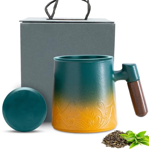 Yuragim Teetasse mit Teesieb und Deckel,Teebecher aus Keramik mit Holzgriff, 350ml Tee Tassen Gross Gradienten Geprägtem Losen für den täglichen und Bürogebrauch, Geschenke für Familie und Freunde von Yuragim