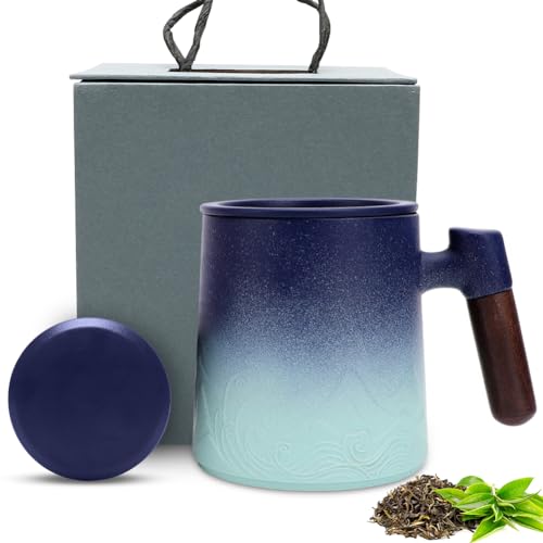 Yuragim Teetasse mit Teesieb und Deckel,Teebecher aus Keramik mit Holzgriff, 350ml Tee Tassen Gross Gradienten Geprägtem Losen für den täglichen und Bürogebrauch, Geschenke für Familie und Freunde von Yuragim