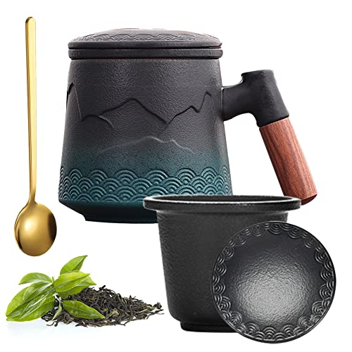 Yuragim Teetasse mit Sieb und Deckel, Teebecher Keramik mit Holzgriff, Muttertagsgeschenke Für Mama Tasse, 400ml Tee Tassen Gross Gradienten Geprägtem Losen für den täglichen und Bürogebrauch von Yuragim