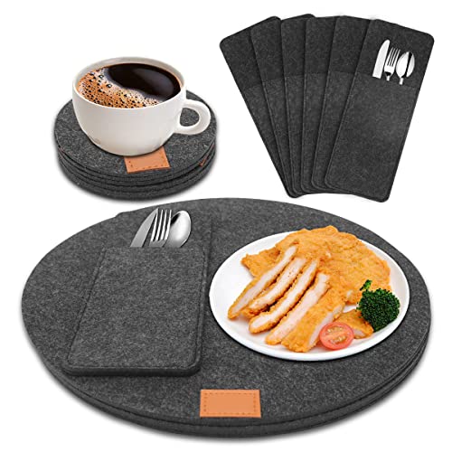 Yuragim Tischset aus Filz 18er, 6 Rund Platzset Abwischbar 34cm mit 6 Glasuntersetzer und 6 Bestecktaschen, Waschbare Tischuntersetzer Platzdeckchen, Filz Platzset für Küche Familie und Restaurant von Yuragim