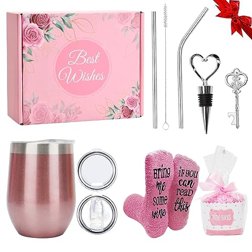 Yuragim Weinbecher Geschenkset, 12oz Weinbecher Edelstahl mit Deckel Weinsocken Flaschenöffner Strohhalm Tassenbürste, Isoliertes Weingläs Valentinstagsgeschenke für Frauen Freundin Mama Weinliebhaber von Yuragim