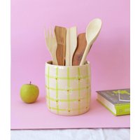 Utensilienhalter Keramik Mit Blumen, Karierter Utensilo Topf, Einweihungsparty Geschenk, Moderne Vase, Wohnkultur, Utensilientopf von YurtCeramics