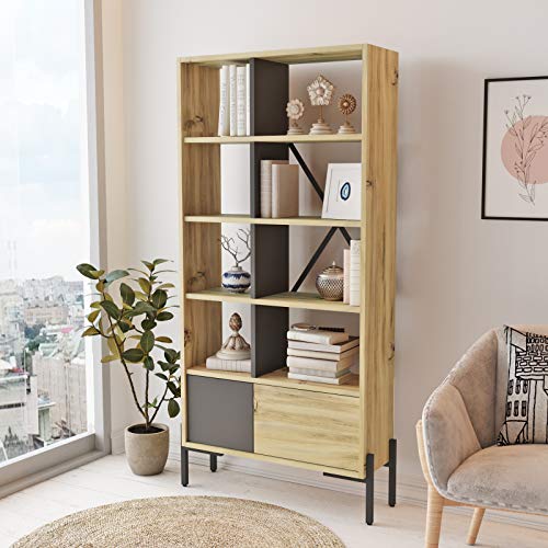 Yurupa Bücherregal,Bücherschrank,Standregal,Regal mit 4 Regalböden und Schranktüren,Wohnzimmerschrank,Büroregal,Küchenregal,Dekoregal, für Büro,Eingang,Arbeitszimmer,Wohnzimmer,Küche BO1-KA von Yurupa