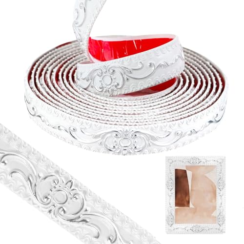 3m*3.6cm Zierleisten Selbstklebend Wand, Flexible Deckenleisten Selbstklebend, Stuckleisten Wand Tapetenbordüre, Wasserdicht Wandbordüre für Linien, Decken, Ecken (Weiß mit Silber) von YushengTai