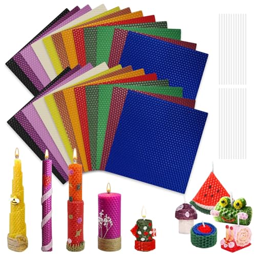 Bienenwachsplatten für Kerzen, 24 Stück Farbiger Bienenwachsplatten 20 x 20 cm, Kerzen Selber Machen Set Kinder, Kerzenset zum Selbstmachen, Bienenwachskerzen Set, für DIY, Basteln, Weihnachten von YushengTai