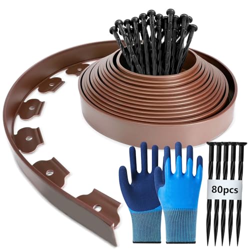 Flexible Rasenkante aus Kunststoff, 20m (L) x 5cm(H) Rasenkanten Beeteinfassung Beetumrandung, mit 80 Erdanker + 1 Paar Handschuhe (Braun) von YushengTai