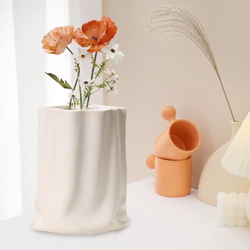Keramikvase Weiß, Vase für Blumen, Blumenvase Modern, Kreative Unregelmäßige Deko Vasen, Dekovasen für Tischdekoration, Tafelaufsätze, Eingangsregal, Wohnzimmer von YushengTai