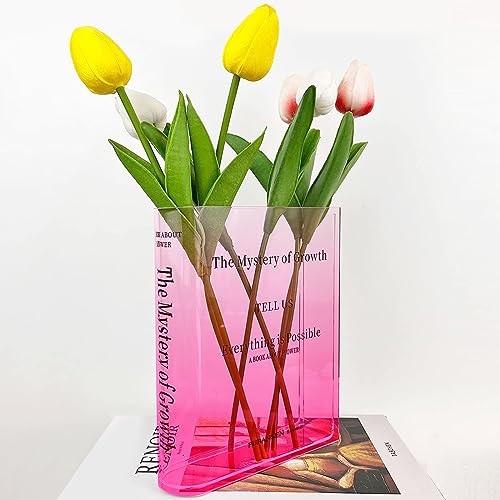 YushengTai Book Vase Acryl Tulpenvase, Moderne Minimalistische Buch Vase, Büchervase Vasen Deko für Mittelstücke und Heimdekoration (Farbverlauf Rosa) von YushengTai
