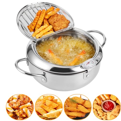 YushengTai Frittiertopf 24cm, Japanische Tempura Fritteuse, Edelstahl Fritiertopf mit Thermometer, Abtropfgestell, Japanischer Frittiertopf für Pommes Frites, Hühnerflügel und Garnelen von YushengTai