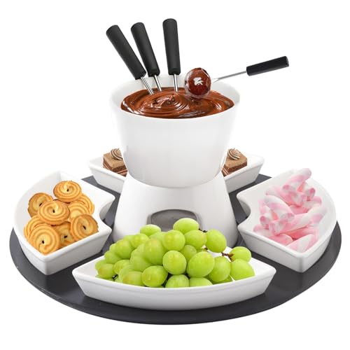 YushengTai Keramik Schokofondue Set, Schokoladenfondue mit Holzpalette 4 Gabeln 4 Tellern, Käsefondue, Keramik Butterwärmer, Teelichtfondue für Süßigkeiten, Käse, Karamell von YushengTai