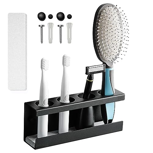 Zahnbürstenhalter Schwarz, Zahnbürstenhalter aus Aluminiumlegierung, Toothbrush Holder Ohne Bohren, für Elektrische Zahnbürste, Rasierer, mit Basis aus Diatomeenschlamm (4 Loch) von YushengTai