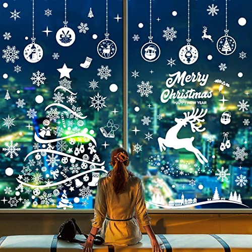 Yuson Girl Fensterbilder für Weihnachten Fensterbilder Winter,8 Blätter Abnehmbare dekorative Weihnachtsfensteraufkleber, statische DIY-Fensteraufkleber, Weihnachtsbaum, Schneeflocke, Elch (A) von Yuson Girl