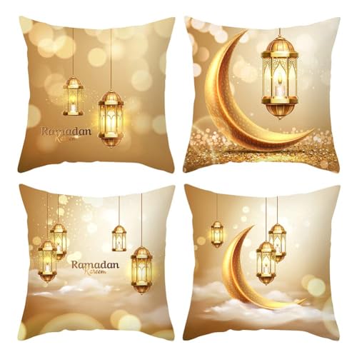 YuuFcy 4 Stücke Ramadan Kissenbezüge Eid Mubarak Kissenhülle Goldene Mond Laterne Muster Eid Ramadan Wurfkissenbezüge für Muslim Dekoration Deko Sofa Wohnzimmer Kissen (01) von YuuFcy