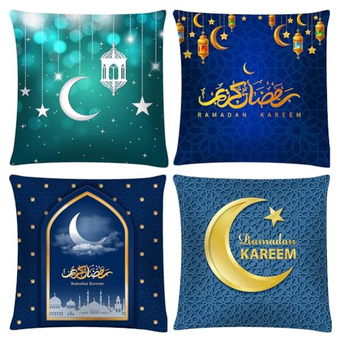 YuuFcy 4 Stücke Ramadan Kissenbezüge Eid Mubarak Kissenhülle Goldene Mond Laterne Muster Eid Ramadan Wurfkissenbezüge für Muslim Dekoration Deko Sofa Wohnzimmer Kissen (02) von YuuFcy