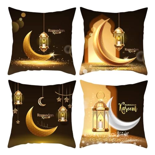 YuuFcy 4 Stücke Ramadan Kissenbezüge Eid Mubarak Kissenhülle Goldene Mond Laterne Muster Eid Ramadan Wurfkissenbezüge für Muslim Dekoration Deko Sofa Wohnzimmer Kissen (03) von YuuFcy