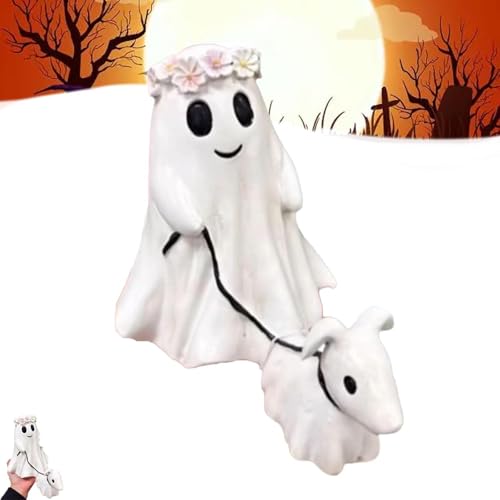 YuuFcy Geister Statue Mit Hund, Ghost Walking Dog Statue, Süße Geister Und Geister Hund Figur Halloween Deko, Ghost Walking Dog Statue, Geister Führe Hund Ornament Home Decor (Groß,B-1 Stücke) von YuuFcy