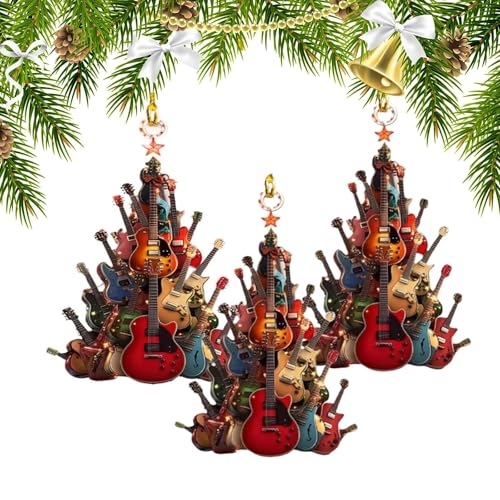 YuuFcy Rockin' Around The Guitar, 2D flach stapelbare Rockgitarre Weihnachtsbaumschmuck, Christbaumschmuck, Weihnachten Rockin' Around Gitarre Acryl Ornamente (3PCS) von YuuFcy