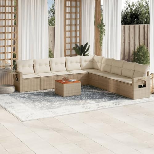 10-TLG. Garten-Sofagarnitur, Beige Poly Rattan Lounge-Set, Outdoor Möbel mit Kissen, Gartentisch von YuuSsea