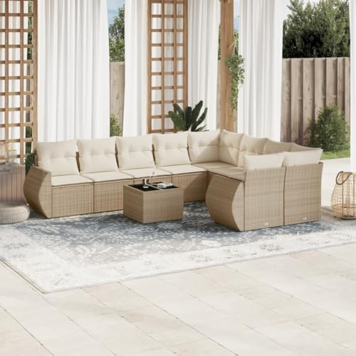 10-TLG. Garten-Sofagarnitur, Poly Rattan Beige, UV-beständig, modulare Outdoor-Möbel mit Glas-Tischplatte, Bequeme Kissen, für Terrasse, Balkon, Garten von YuuSsea