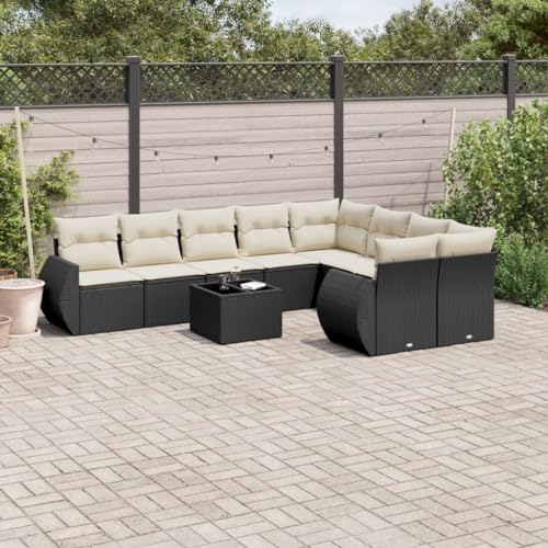 10-teilige Garten-Sofagarnitur, Schwarz Poly Rattan, Modulares Outdoor Möbel Set mit Kissen & Glastisch, UV-beständig für Terrasse & Balkon von YuuSsea