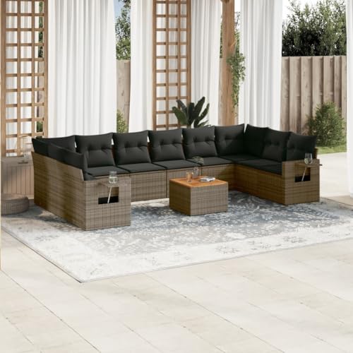 11-TLG. Garten-Lounge-Set, Grau Poly Rattan, modulare Outdoor-Möbel mit Kissen, Gartentisch aus Akazienholz, UV-beständig von YuuSsea
