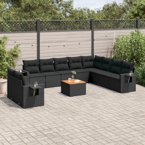 11-TLG. Garten-Lounge-Set, Schwarz Poly Rattan, modulare Outdoor-Sitzgruppe mit Kissen, Gartentisch, für Terrasse, Balkon, Sofa, Gartenmöbel von YuuSsea
