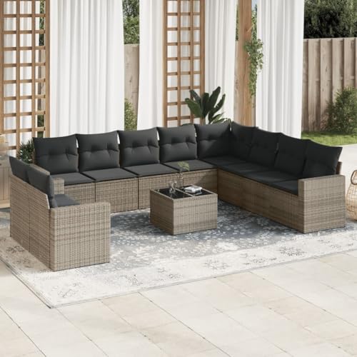 11-TLG. Gartenmöbel-Set, Grau, Poly Rattan, mit Kissen, Stauraum, UV-beständig, modulare Outdoor-Sitzgruppe für Terrasse & Balkon von YuuSsea