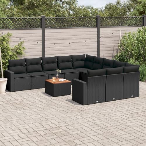 12-TLG. Garten-Sofagarnitur, Schwarz Poly Rattan, UV-beständig, modulare Outdoor-Möbel, Bequeme Kissen, Pflegeleichte Terrassen-Sitzgruppe von YuuSsea