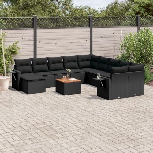 12-TLG. Garten-Sofagarnitur, Schwarz Poly Rattan Möbel Set, Outdoor Sitzgruppe mit Kissen, für Terrasse, Balkon, Garten von YuuSsea