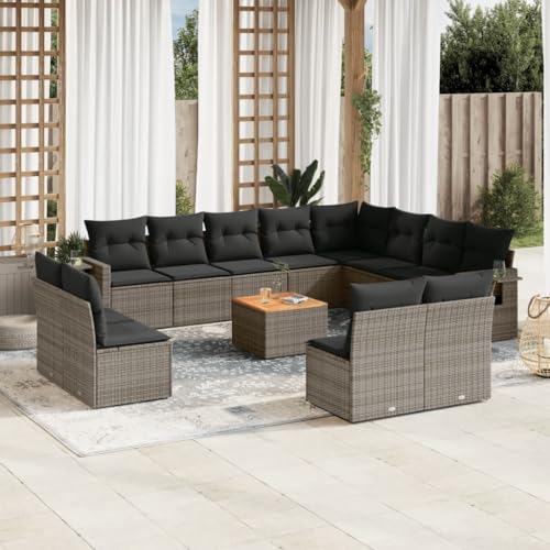 13-TLG. Garten-Sofagarnitur, Grau Poly Rattan, modulare Outdoor-Möbel mit Kissen, Gartentisch & klappbaren Ablagen 13-TLG. Garten-Sofagarnitur, Grau Poly Rattan, modulare Outdoor-Möbel mit Kissen, Gartentisch & klappbaren Ablagen von YuuSsea