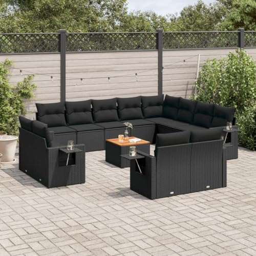 13-TLG. Garten-Sofagarnitur, Schwarz Poly Rattan, modulare Outdoor-Sitzgruppe mit Kissen, Gartentisch & klappbaren Ablagen für Terrasse von YuuSsea