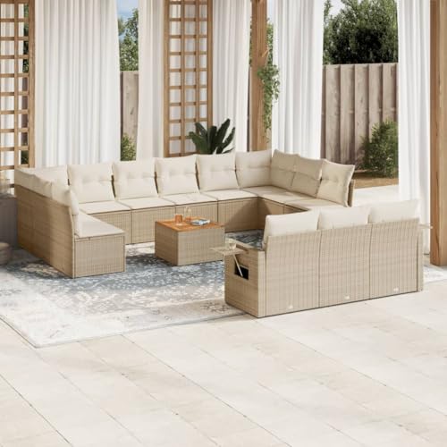 14-TLG. Garten-Sofagarnitur, Beige Poly Rattan, Modulares Outdoor-Möbelset mit Kissen, Gartentisch & UV-beständig von YuuSsea