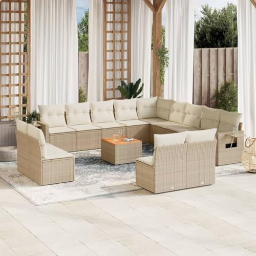14-TLG. Garten-Sofagarnitur, Beige Poly Rattan, Modulares Outdoor-Möbelset mit Kissen, Gartentisch & klappbaren Ablagen für Terrasse, Balkon von YuuSsea