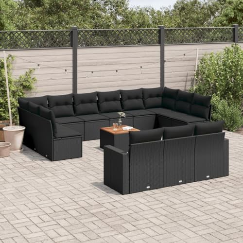 14-TLG. Garten-Sofagarnitur, Schwarz Poly Rattan Loungemöbel-Set für Terrasse, Outdoor, Balkon mit weichen Kissen, Akazienholz-Tischplatte 14-TLG. Garten-Sofagarnitur, Schwarz Poly Rattan Loungemöbel-Set für Terrasse, Outdoor, Balkon mit weichen Kissen, Akazienholz-Tischplatte von YuuSsea