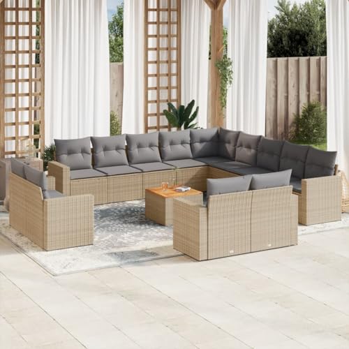 14-TLG. Garten-Sofagarnitur, beige, aus Polyrattan, UV-beständig, modulare Outdoor-Möbel für Terrasse, Balkon, Veranda, mit Kissen, Gartentisch von YuuSsea