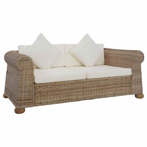 2-Sitzer-Sofa mit Kissen, Natur Rattan & Massivholz, 155x80x60 cm, Cremeweiß, für Wohnzimmer, strapazierfähig & komfortabel, inklusive 6 Kissen von YuuSsea