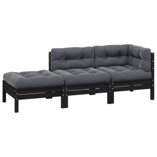 3-TLG. Garten-Lounge-Set, Schwarz, Kiefer Massivholz, mit Kissen, für Outdoor-Patio, Möbel-Sitzgruppe, Robustes Design von YuuSsea