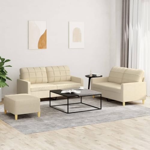 3-TLG. Sofagarnitur, Creme Stoff, Metall/Sperrholz, mit Kissen, 2X 2-Sitzer Sofa + Hocker, für Wohnzimmer, gemütliche Lounge Möbel 3-TLG. Sofagarnitur, Creme Stoff, Metall/Sperrholz, mit Kissen, 2X 2-Sitzer Sofa + Hocker, für Wohnzimmer, gemütliche Lounge Möbel von YuuSsea