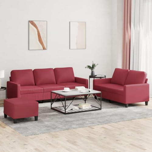 3-TLG. Sofagarnitur, Weinrot, Kunstleder, Robustes Design, Inklusive 2-Sitzer, 3-Sitzer Sofa und Fußhocker, Bequeme Polsterung, Für Wohnzimmer und Lounge-Bereiche von YuuSsea